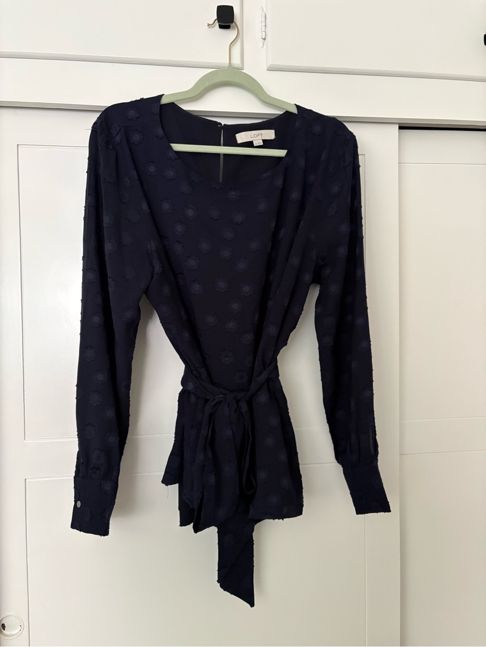 LOFT Navy Textured Dot Tie-Waist Blouse